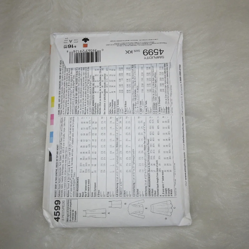 SIMPLICITY 4599 Sz 8-14 Misses EASY Chic Top Dress Jacket Skirt (2 lengt…